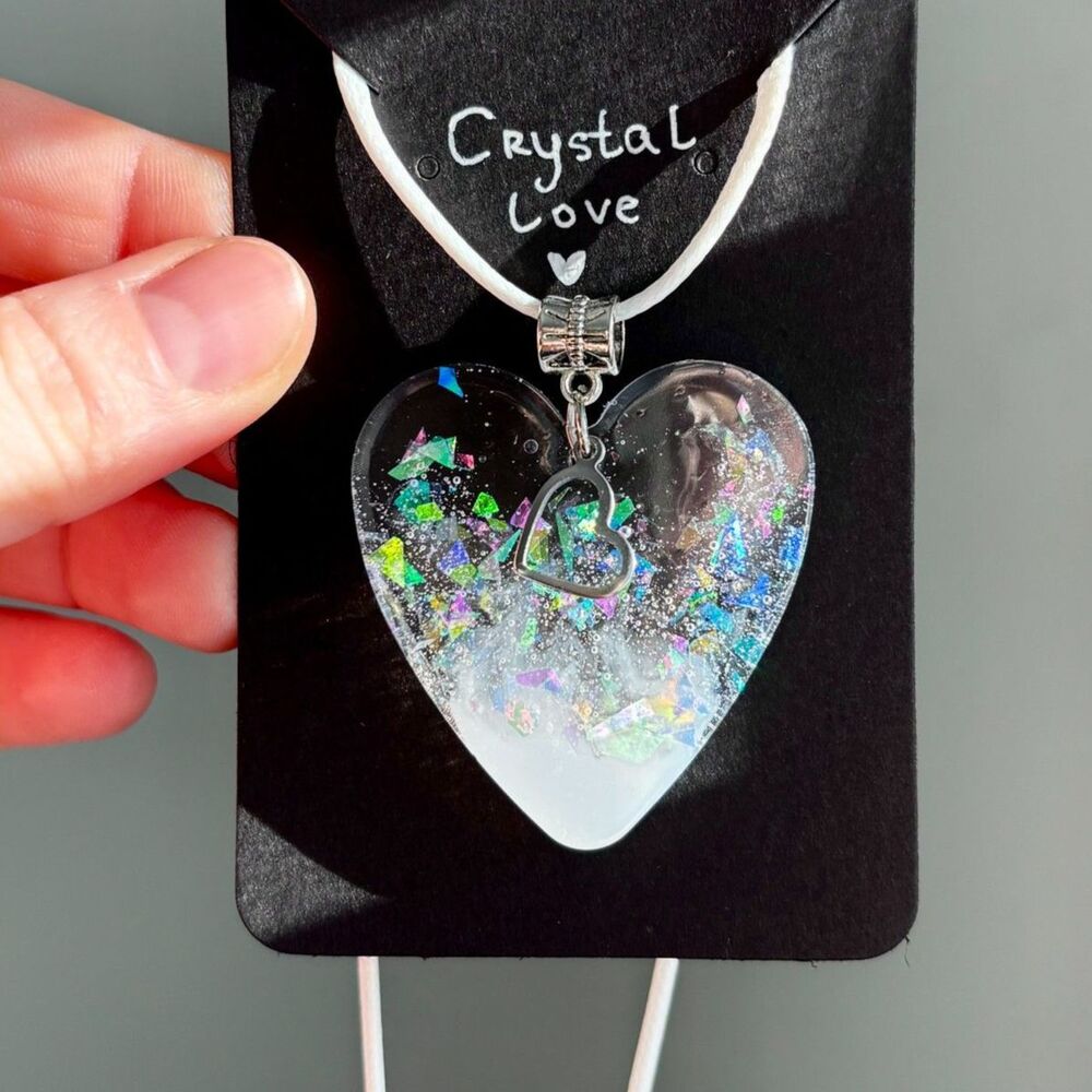 Heart Resin Necklace with Holographic Flakes and Silver Heart Charm